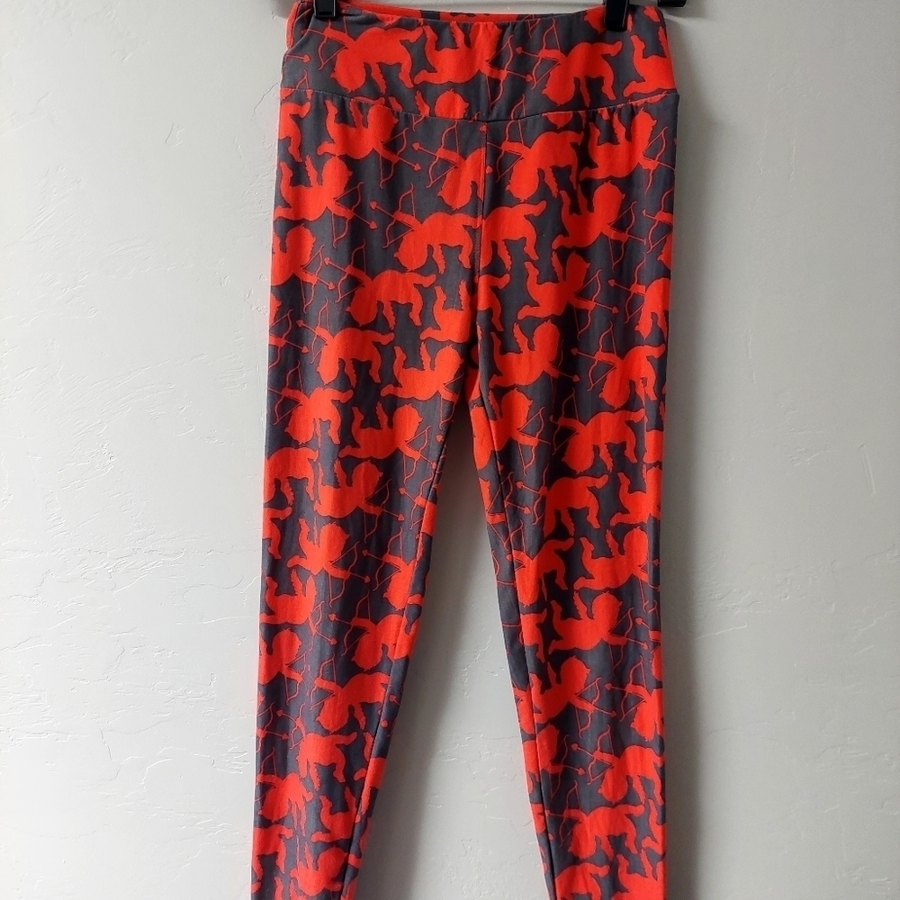 Lularoe Red Gray Leggings Pull‎ On Elastic Waist OS Women Cupid Valentines Fun